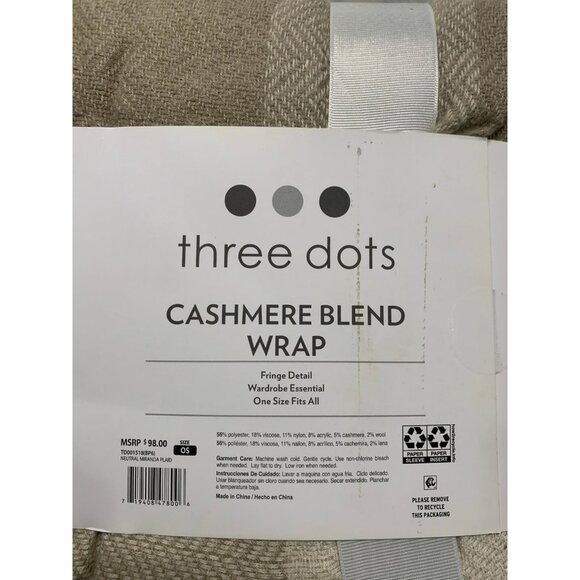NEW Three Dots Cashmere Blend Wrap With Fringe Detail One Size Fits All - Picture 7 of 11
